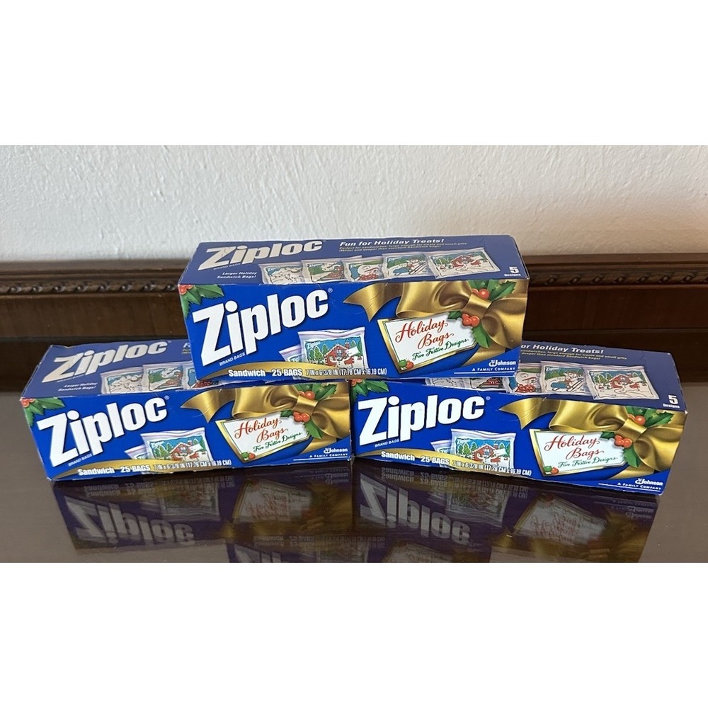 3 Boxes 2001 Ziploc‎ Christmas Holiday Sandwich Bags 25 Bags New Cookie Exchange
